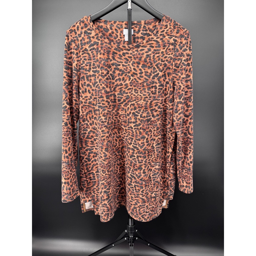 Chicos Leopard Print Long Sleeve Tunic Top Orange Black Animal Size 1 Medium